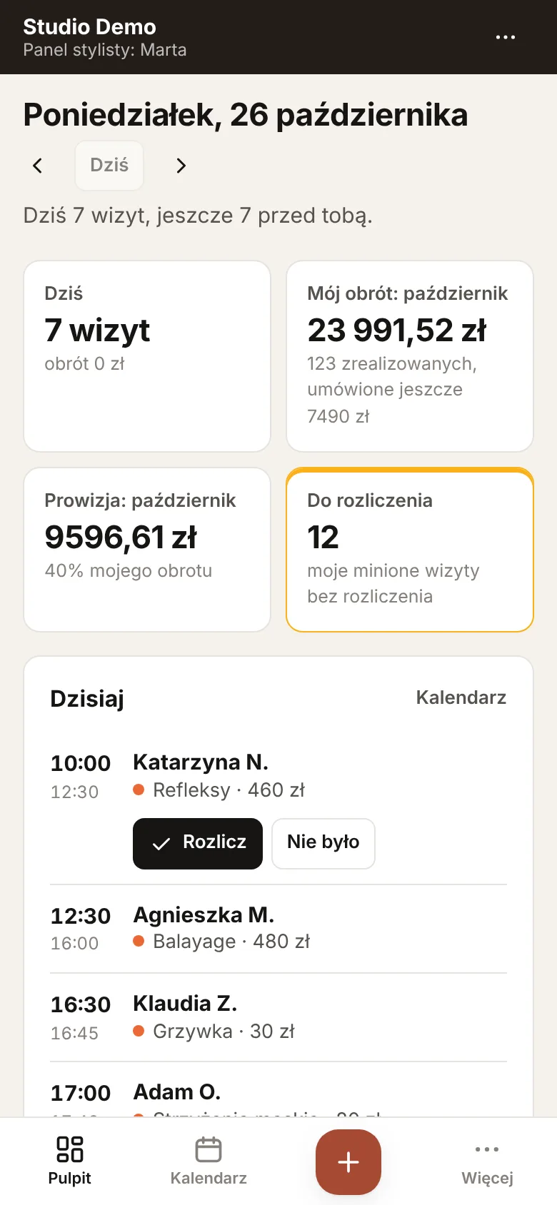 Panel stylistki na telefonie: jej wizyty, obrót i prowizja
